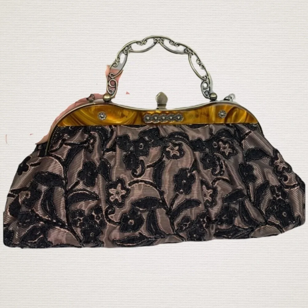 Vintage Inspired Black Gold Beaded Handbag Purse
